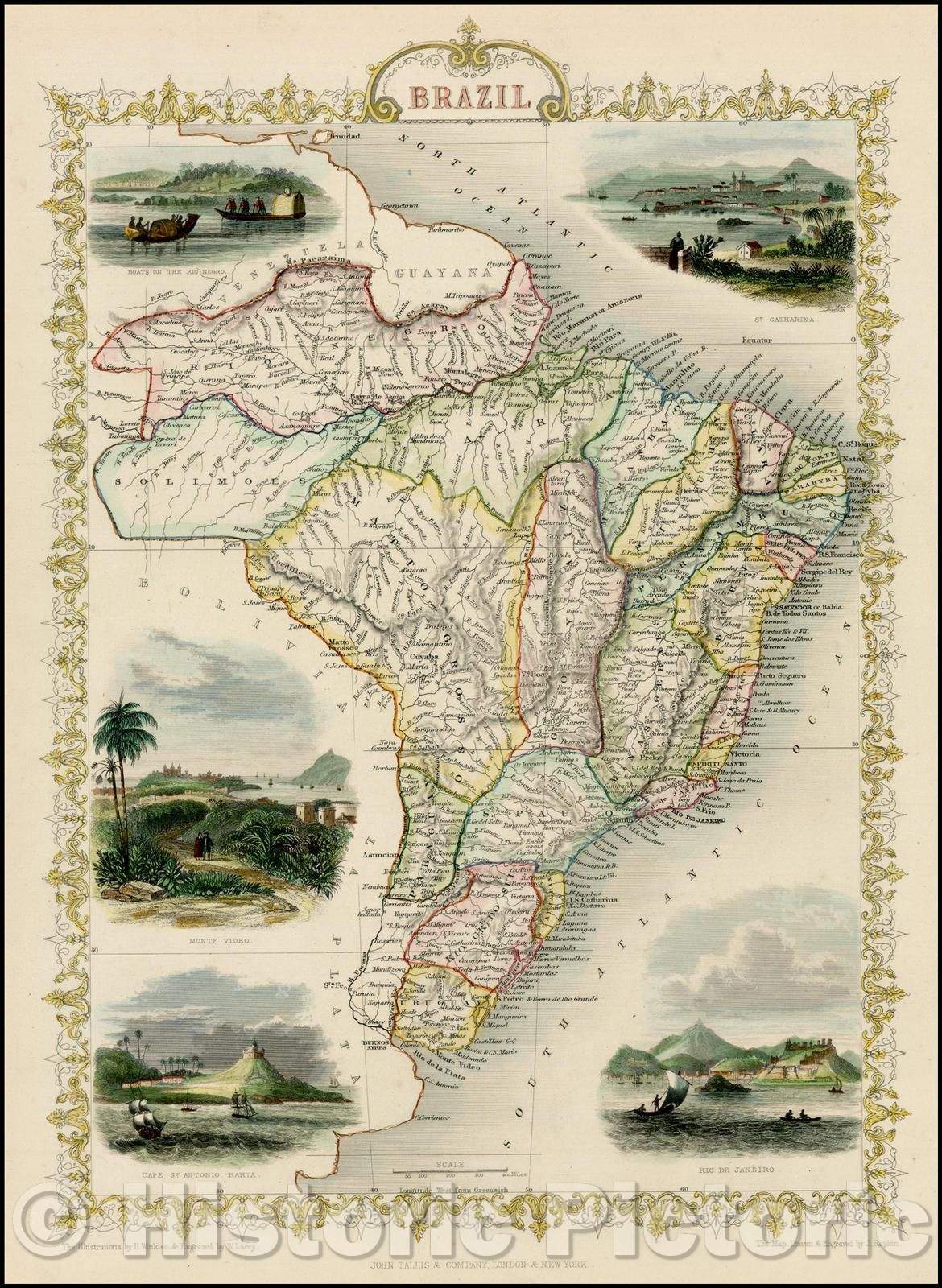 Historic Map - Brazil, 1851, John Tallis - Vintage Wall Art