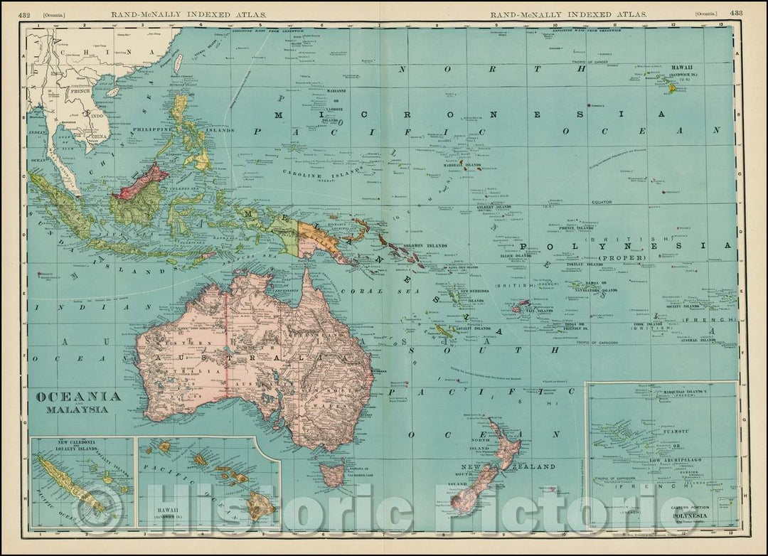 Historic Map - Map of Oceania and Malaysia, 1892, William Rand - Vintage Wall Art