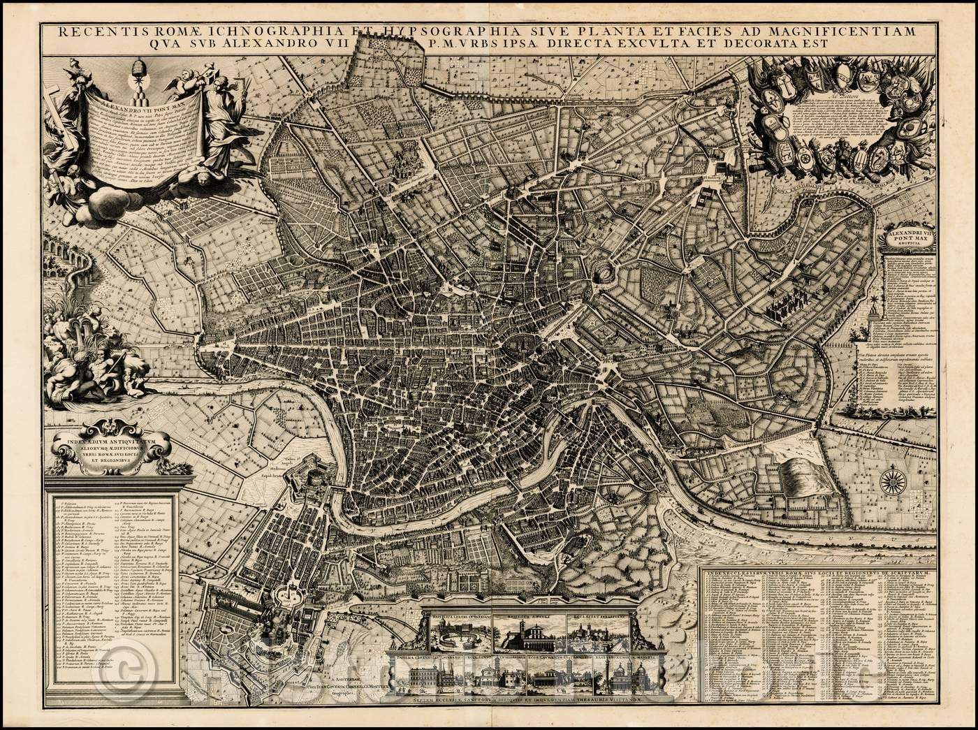 Historic Map - Recentis Romae Ichnographia et Hypsographia/example of Covens & Mortier's 2 sheet version,View of Rome, first published in 1676, 1710 - Vintage Wall Art