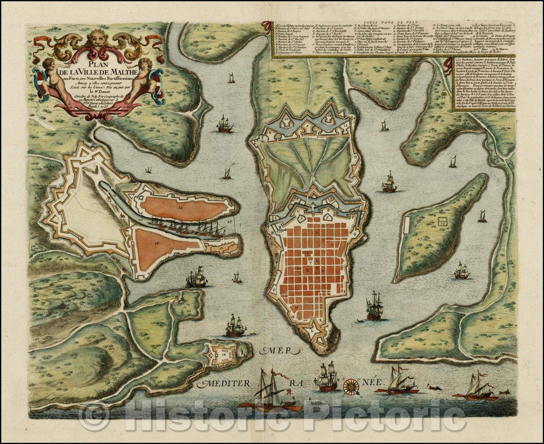 Historic Map - Plan De La Ville De Malthe ses Forts, ses Nouvelles Fortifications/Danet's Map of Malta, on the Island of Malta, 1725, Guillaume Danet - Vintage Wall Art