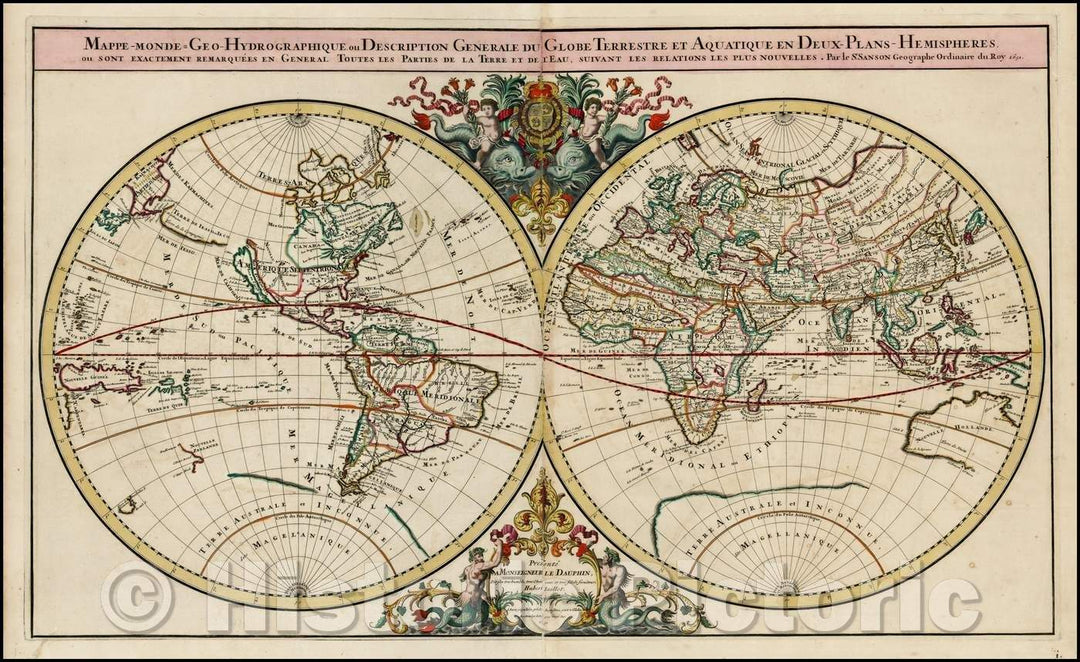 Historic Map - Mappe-Monde Geo-Hydrographique, Plans-Hemispheres/Geo-Hydrographic World Map, Aquatic Globe in Two Hemispheres, 1691 v2