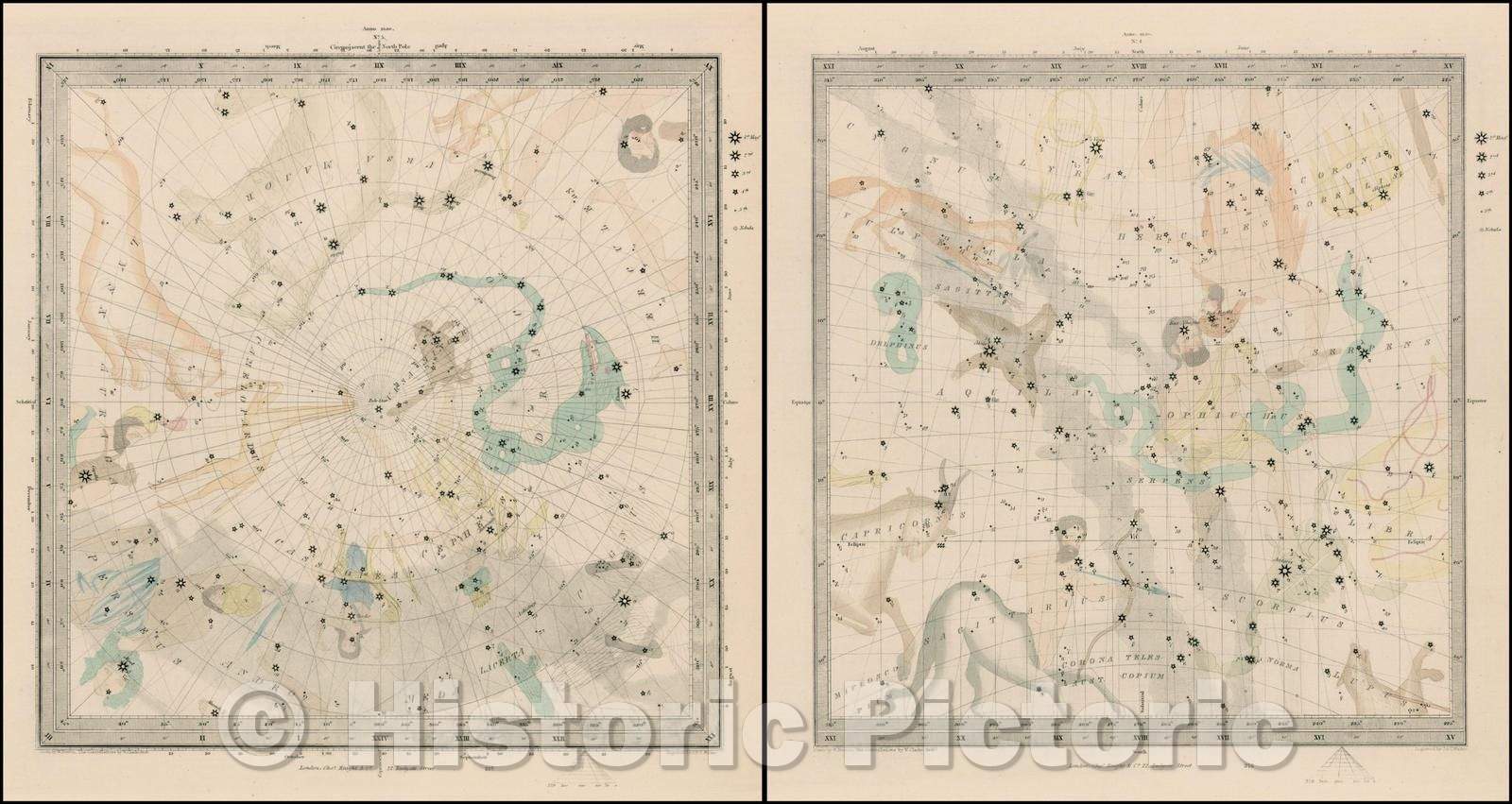 Historic Map - Ursa Major, Cassiopea, Persius, Saggitarius, Capricorn, Ophiccus, Scorpius :: Celestial Charts, hand colored constellations, 1830 - Vintage Wall Art