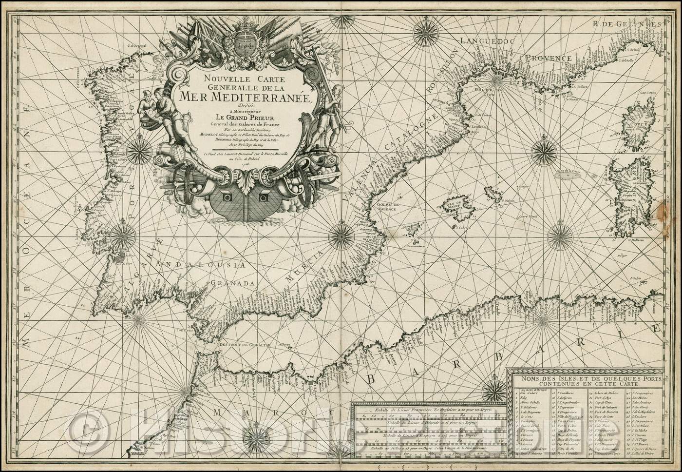 Historic Map - Nouvelle Carte Generalle De La Mer Mediter/Sea Chart of Western Mediterraenean Coast, from Spain and Gibraltar to Corsica and Sardinia, 1726 - Vintage Wall Art