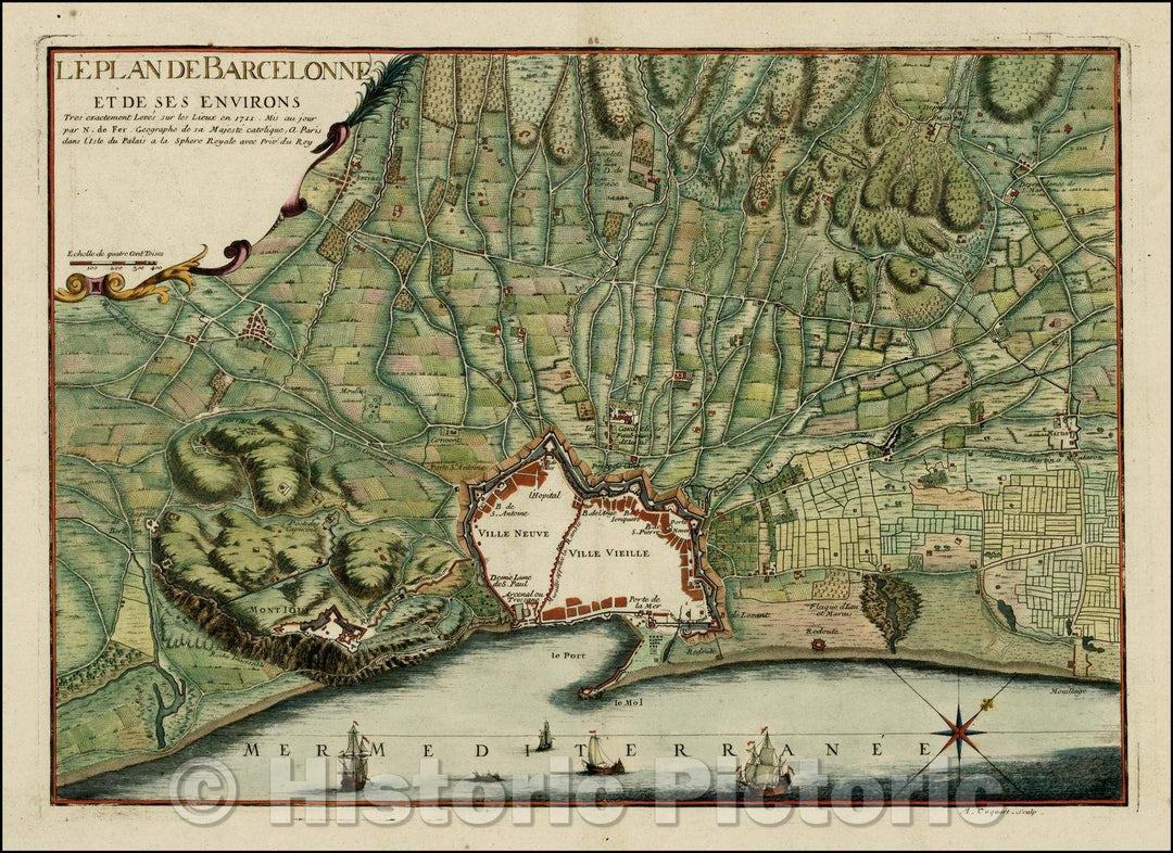 Historic Map - Le Plan De Barcelonne et de ses Environs Tres Exactement Leves :: area around Barcelona by Nicholas De Fer, published in 1711 in Paris, 1711 - Vintage Wall Art