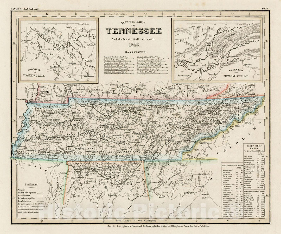 Historic Map - Neueste Karte von Tennessee/Second state of Meyer's Map of Tennessee, 1845, Joseph Meyer - Vintage Wall Art