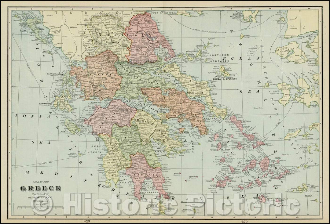 Historic Map - Map of Greece, 1895, George F. Cram - Vintage Wall Art