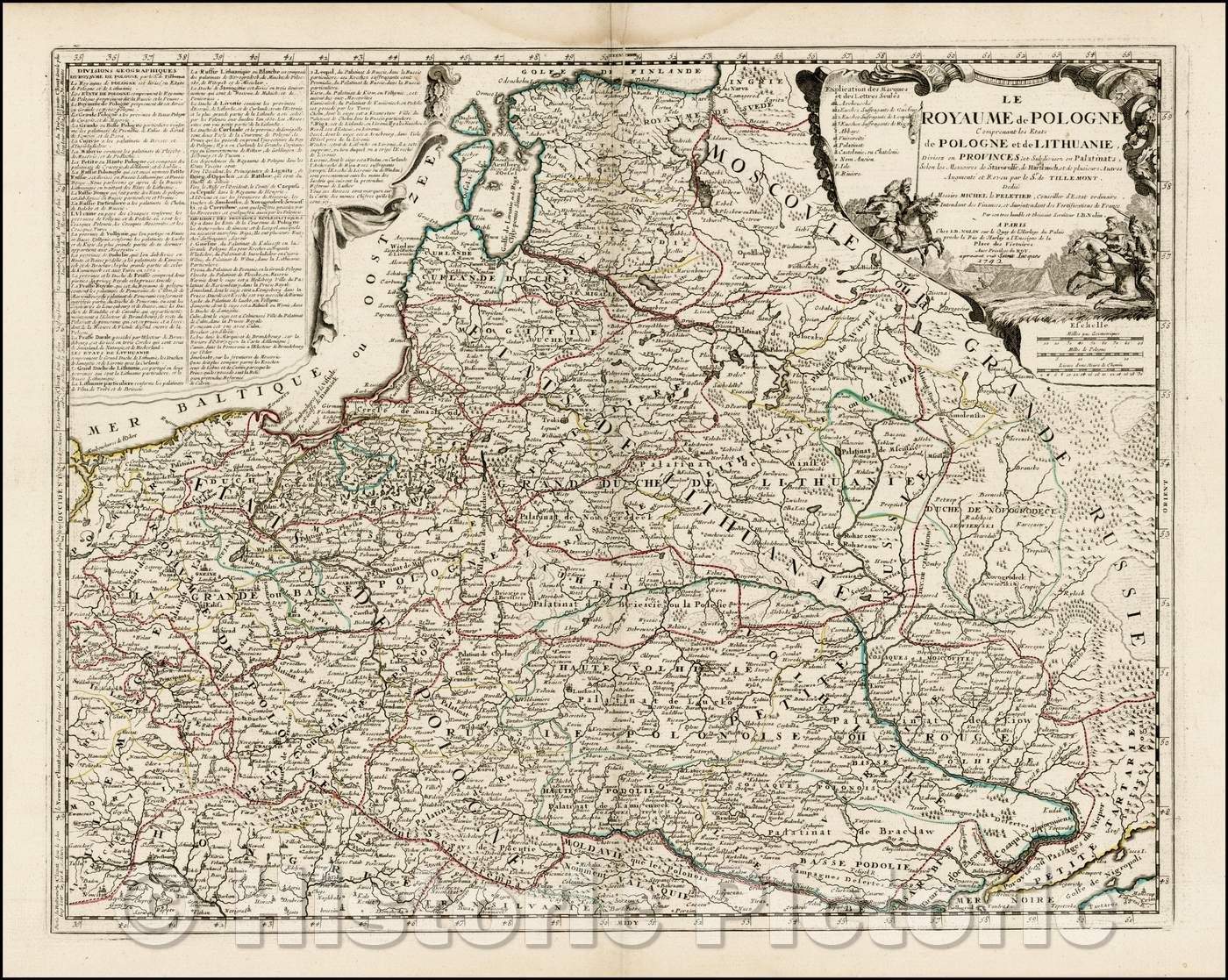 Historic Map - Le Royaume de Pologne Comprenant les Etats de Polo gnes et de Lithuanie, Divisez en Provinces/Map of Poland and Lithuania, Nolin in Paris, 1742 - Vintage Wall Art