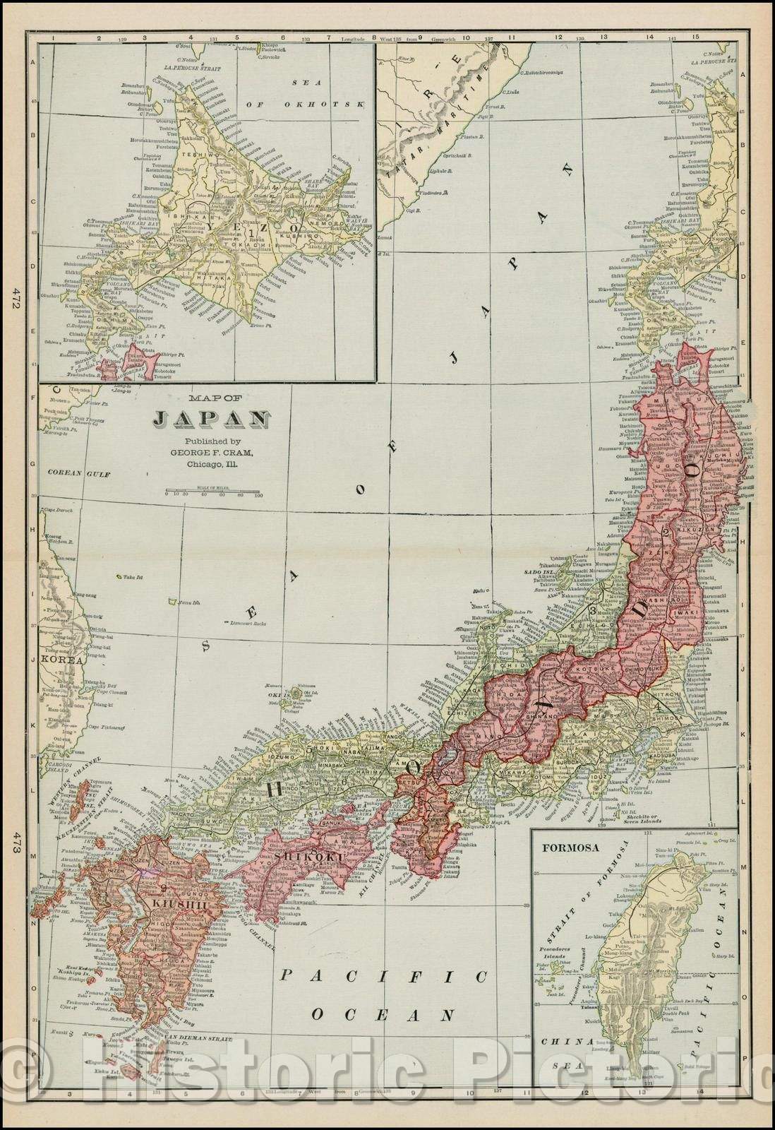 Historic Map - Map of Japan, 1895, George F. Cram - Vintage Wall Art