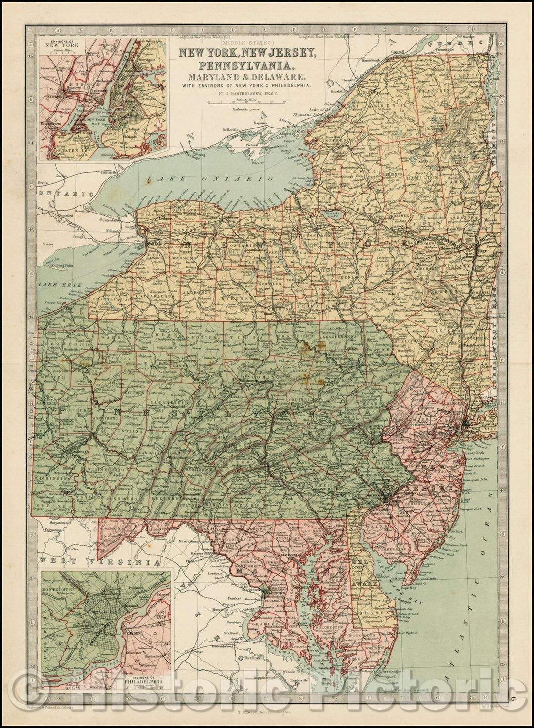 Historic Map - New York, New Jersey, Pennsylvania, Maryland & Delaware, with Environs of New York & Philadelphia (with insets of New York and Philadelphia), 1875 - Vintage Wall Art