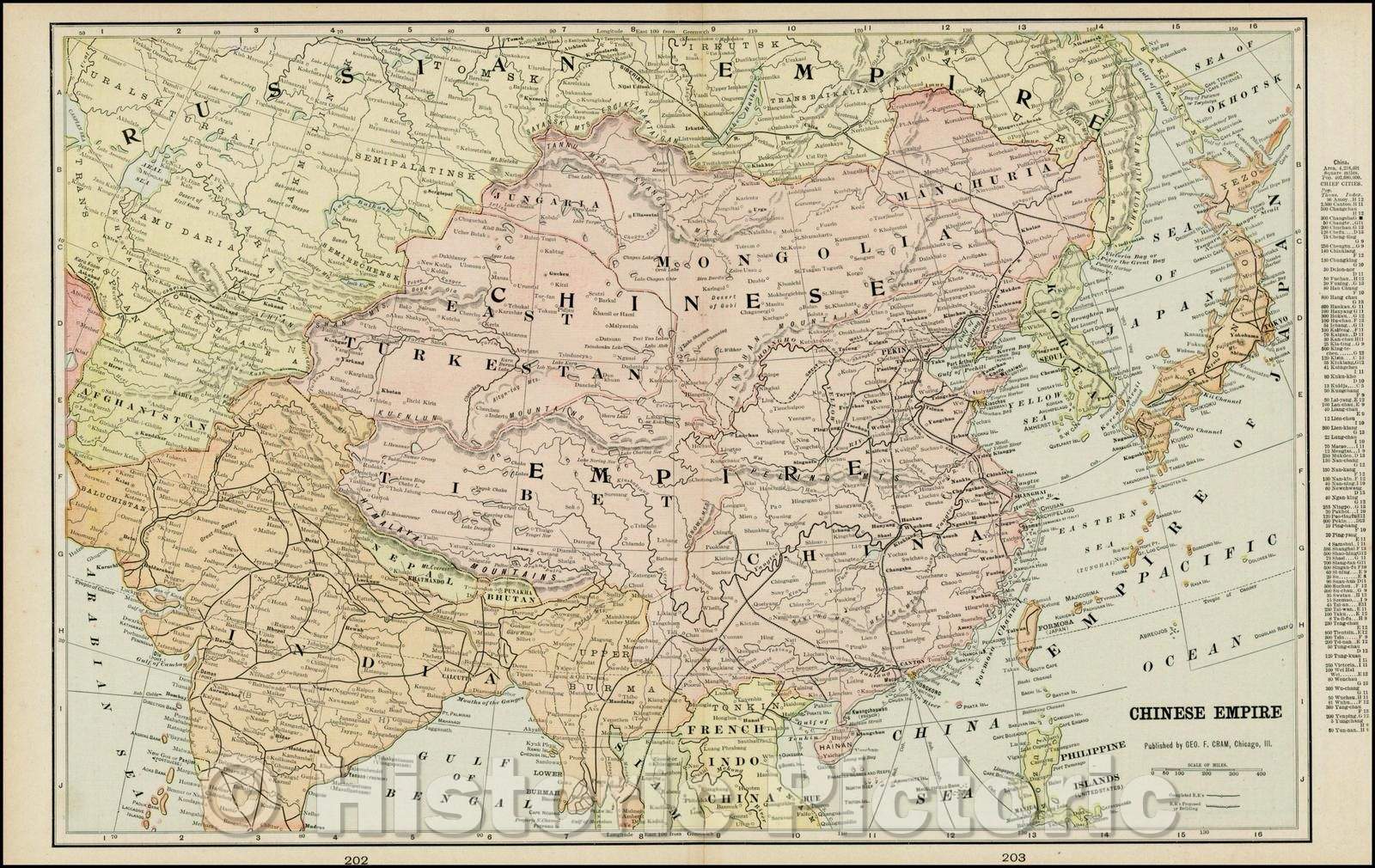 Historic Map - Chinese Empire (including Trans Oceanic Cables to Hong Kong,etc.), 1895, George F. Cram - Vintage Wall Art