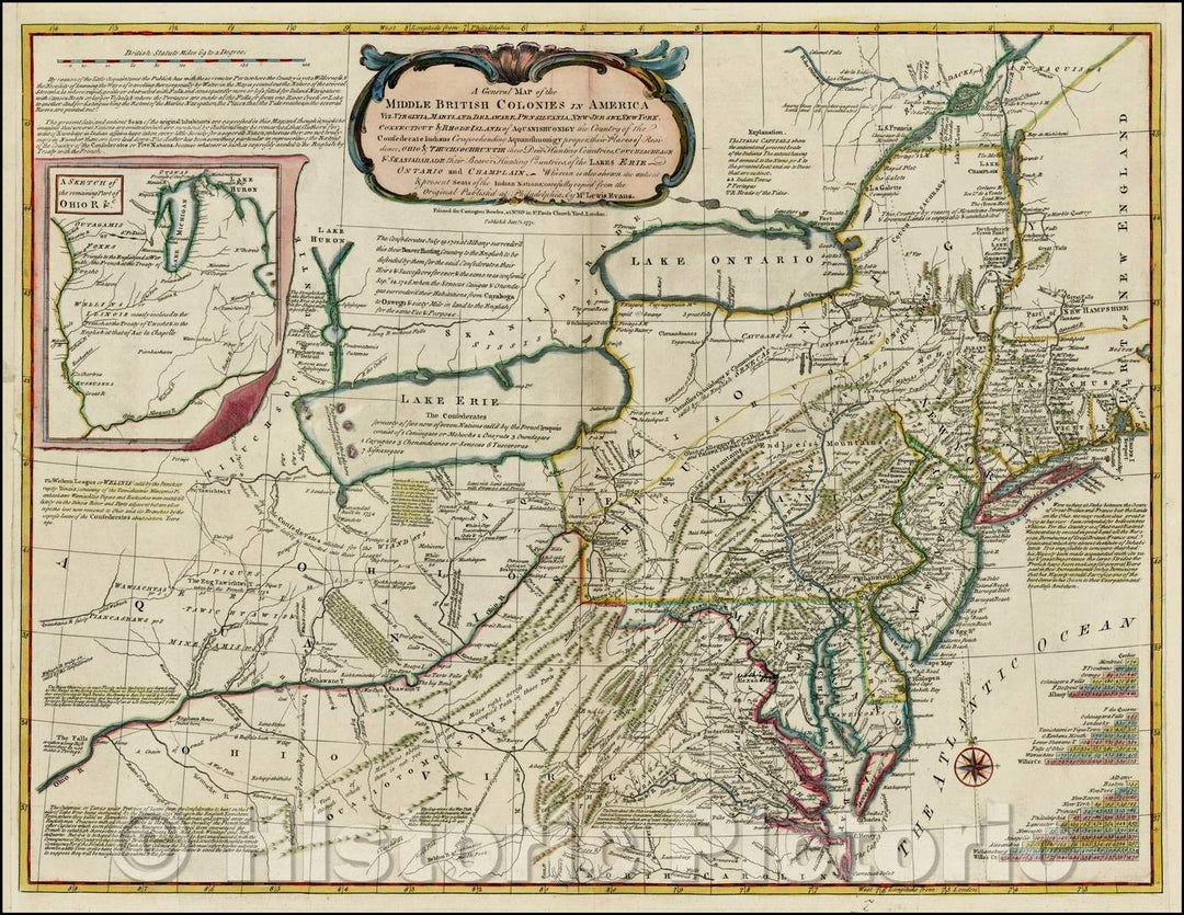 Historic Map - Middle British Colonies In America, Virginia, Maryland, Delaware, Pennsylvania, New Jersey, New York, Connecticut, Rhode Island, 1755 - Vintage Wall Art