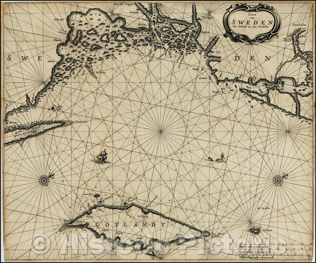 Historic Map - Caarte van Sweden Van Oelandt tot aen Stocholm/Caarte of Sweden From Oelandt to aen Stocholm, 1660, Pieter Goos - Vintage Wall Art