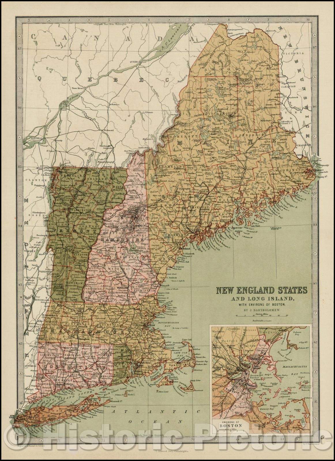 Historic Map - New England and Long Island, with Environs of Boston, 1875, T. Ellwood Zell - Vintage Wall Art