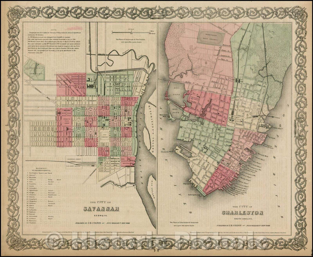 Historic Map - Colton's The City of Savannah Georgia [with] Colton's The City of Charleston South Carolina, 1858, Joseph Hutchins Colton - Vintage Wall Art