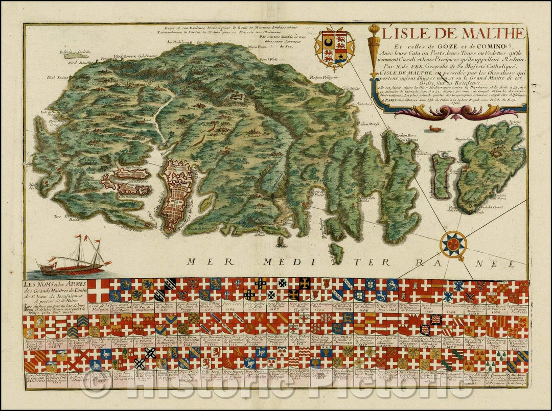 Historic Map - L'Isle de Malthe Et celles de Goze et de Comino, Avec leurs ou Ports, leurs Toursou Vedetes/De Fer's Map of Malta, 1722, Nicolas de Fer - Vintage Wall Art