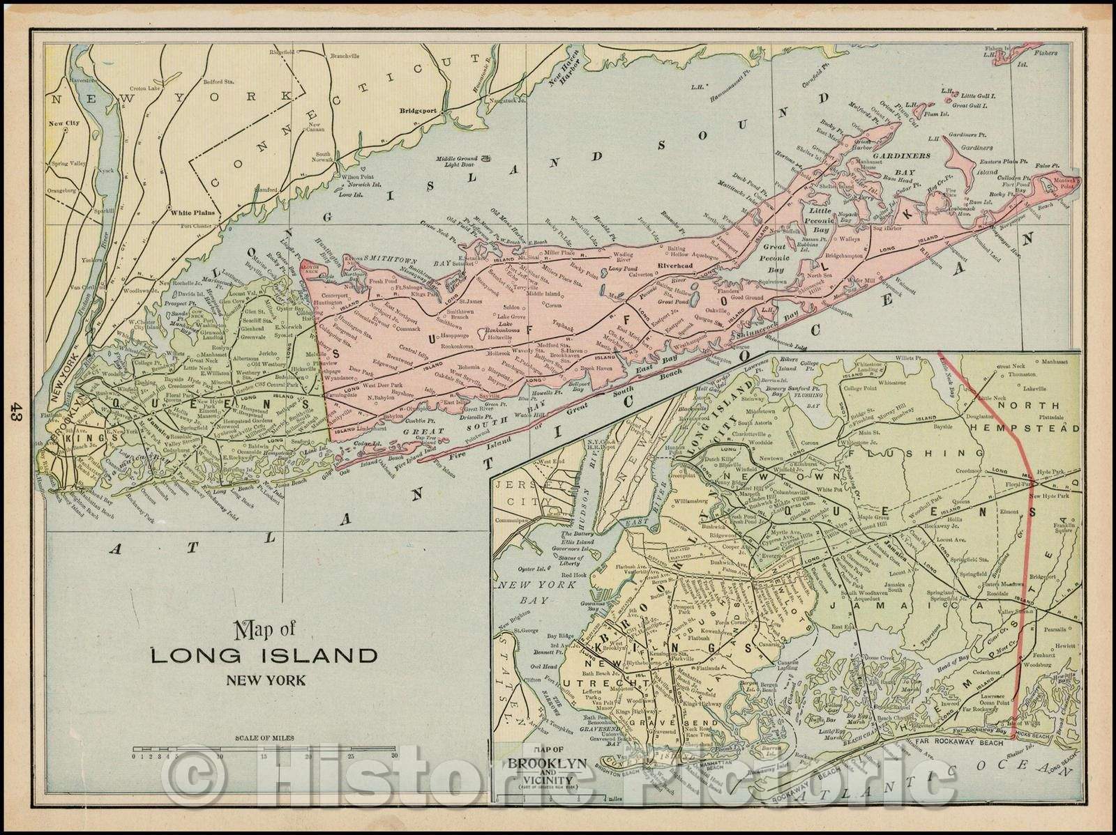 Historic Map - Map of Long Island New York (Inset Map of Brooklyn and Vicinty), 1892, George F. Cram - Vintage Wall Art