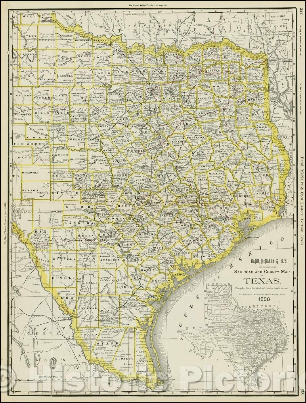 Historic Map - Rand McNally & Co.'s New Enlarged Scale Railroad and County Map of Texas, 1888, Rand McNally & Company - Vintage Wall Art