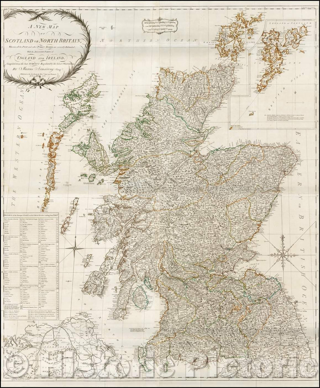 Historic Map - Scotland or North Britain, Wherein all the Post and other Public Roads are correctly Delineated, 1782, Robert Sayer - Vintage Wall Art