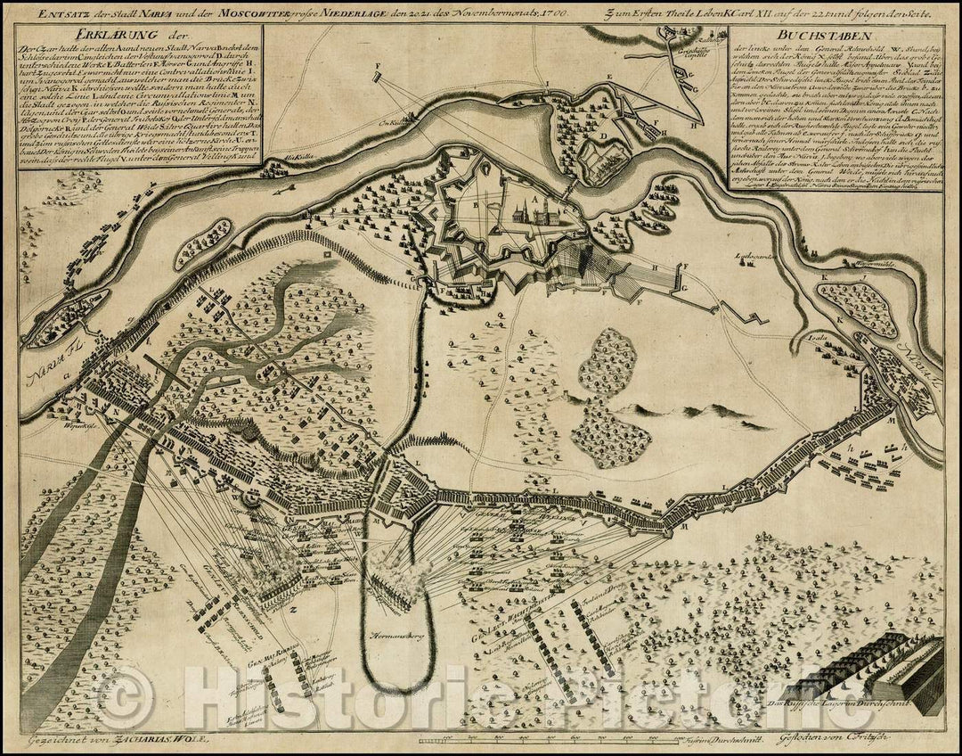 Historic Map - Entsatz der Stadt Narva und der Moscowitzer grosse Niederlage/Battle Plan of the Siege of Narva, engraved by Fritzsch, 1700, Zacharias Wolf - Vintage Wall Art