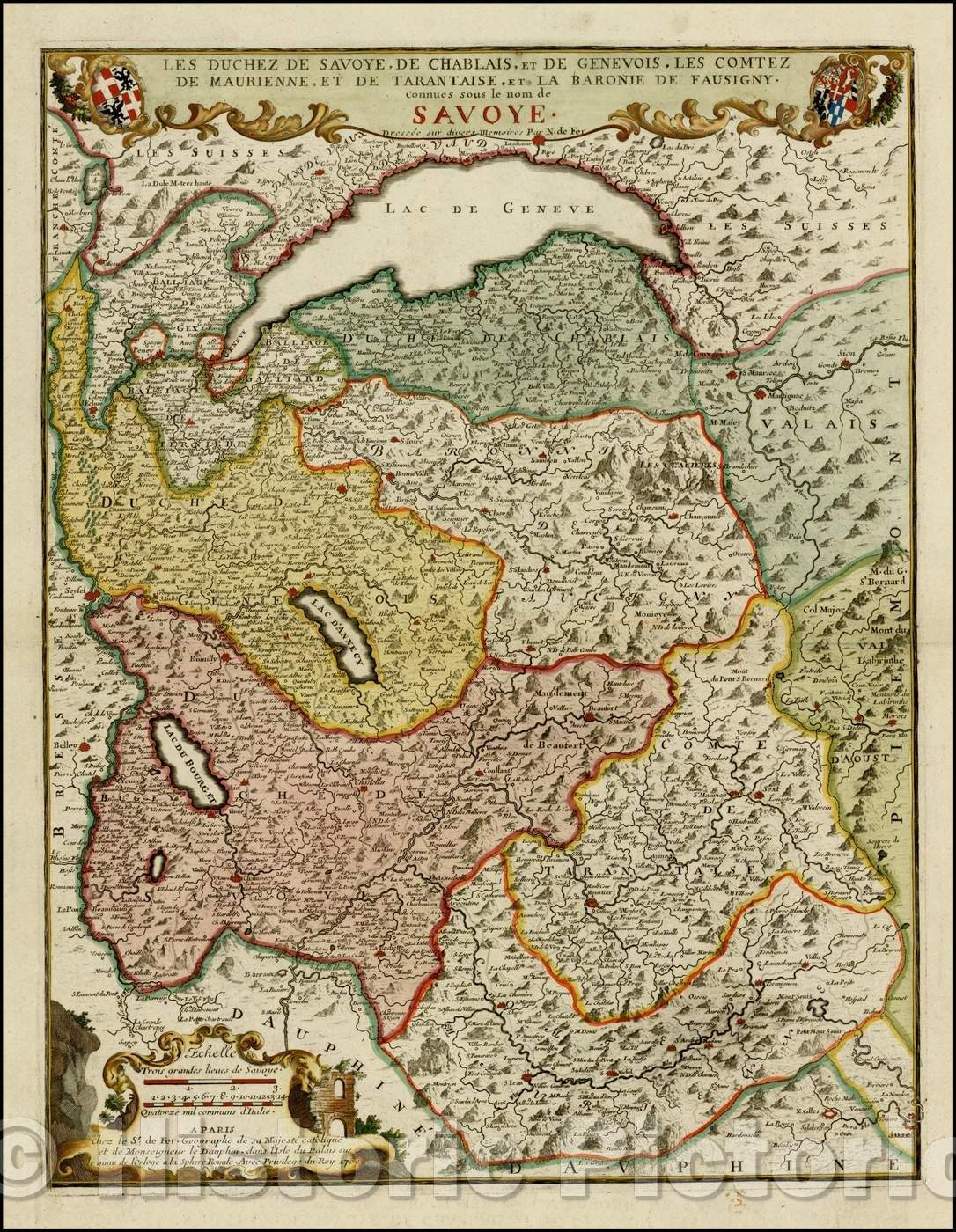 Historic Map - Les Duchez De Savoye, De Chablais, et De Genevois, Le Comtez De Maurienne :: Lake Geneva and the Savoy Region,border of Italy and France, 1709 - Vintage Wall Art