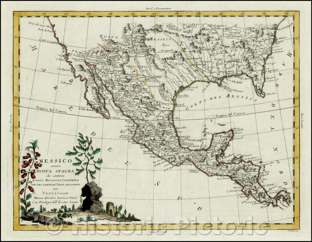 Historic Map - Messico ouvero Nuova Spagna che contiene Il Nuovo Messico La California Con Parte De'Paesi/Map of Mexico, Texas & Upper California, 1785 - Vintage Wall Art