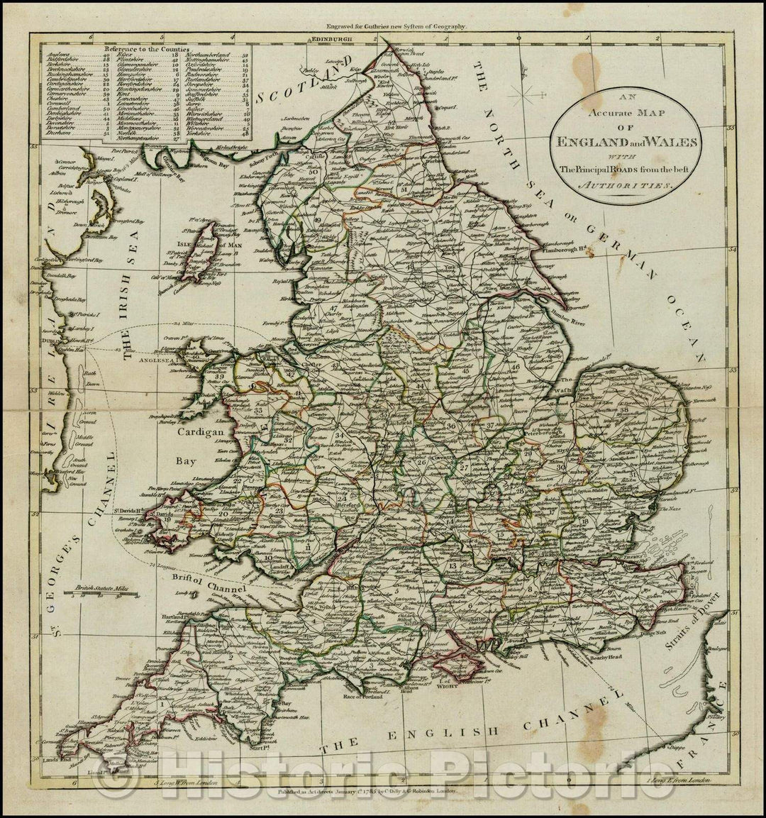 Historic Map - An Accurate Map of England and Wales with The Principal Roads from the best Authorities, 1785, William Guthrie - Vintage Wall Art