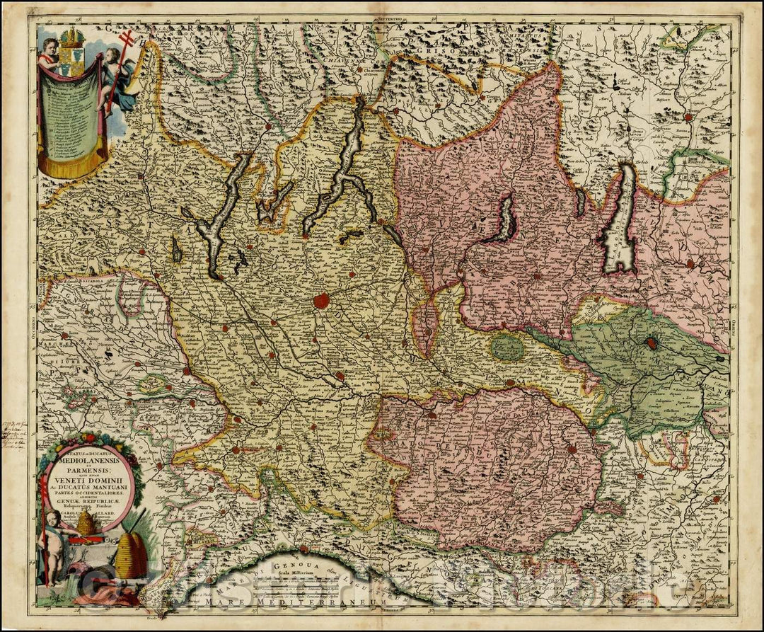 Historic Map - Status et Ducatus Mediolanensis et Parmensis; quin Etiam Venet Dominii :: Regional of Northwestern Italy, Lake Districts and Coast of Liguria, 1700 - Vintage Wall Art