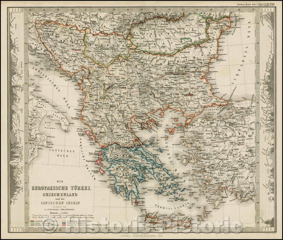 Historic Map - Die Europaeische Turkei, Greichenland und di Ionischen Inseln/Map of Greece and European parts of Turkey and the Balkans, 1860, Justus Perthes - Vintage Wall Art