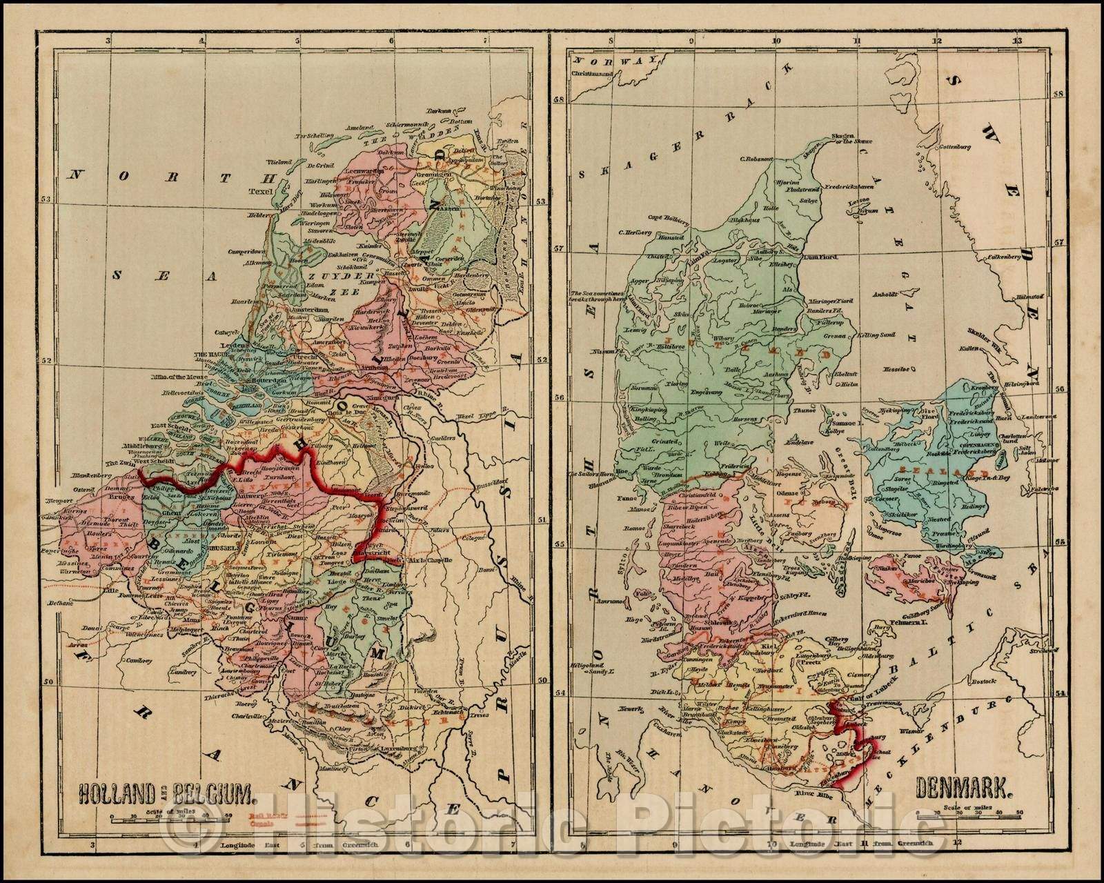 Historic Map - Holland and Belgium (with) Denmark, 1856, Sidney Morse - Vintage Wall Art