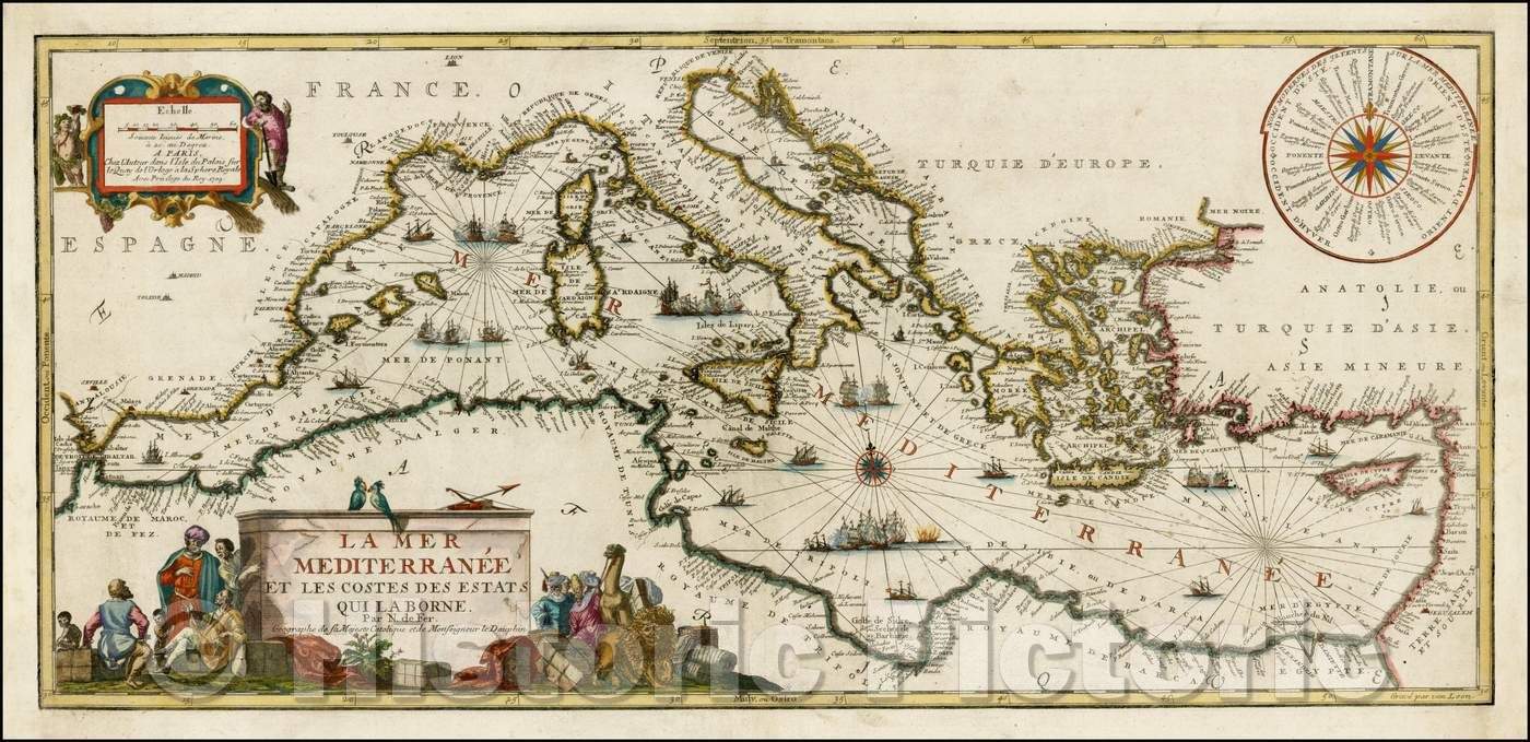 Historic Map - La Mer Mediterranee et les Costes des Estats Qui La Borne/Map of the Mediterranean, Gibraltar to Cyprus, 16 point compass rose, 1709 - Vintage Wall Art