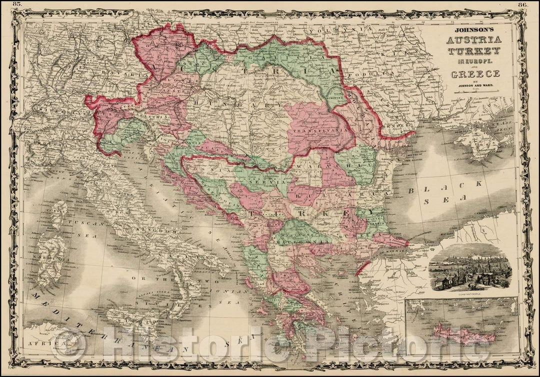 Historic Map - Johnson's Austria Turkey in Europe and Greece, 1862, Benjamin Ward v2