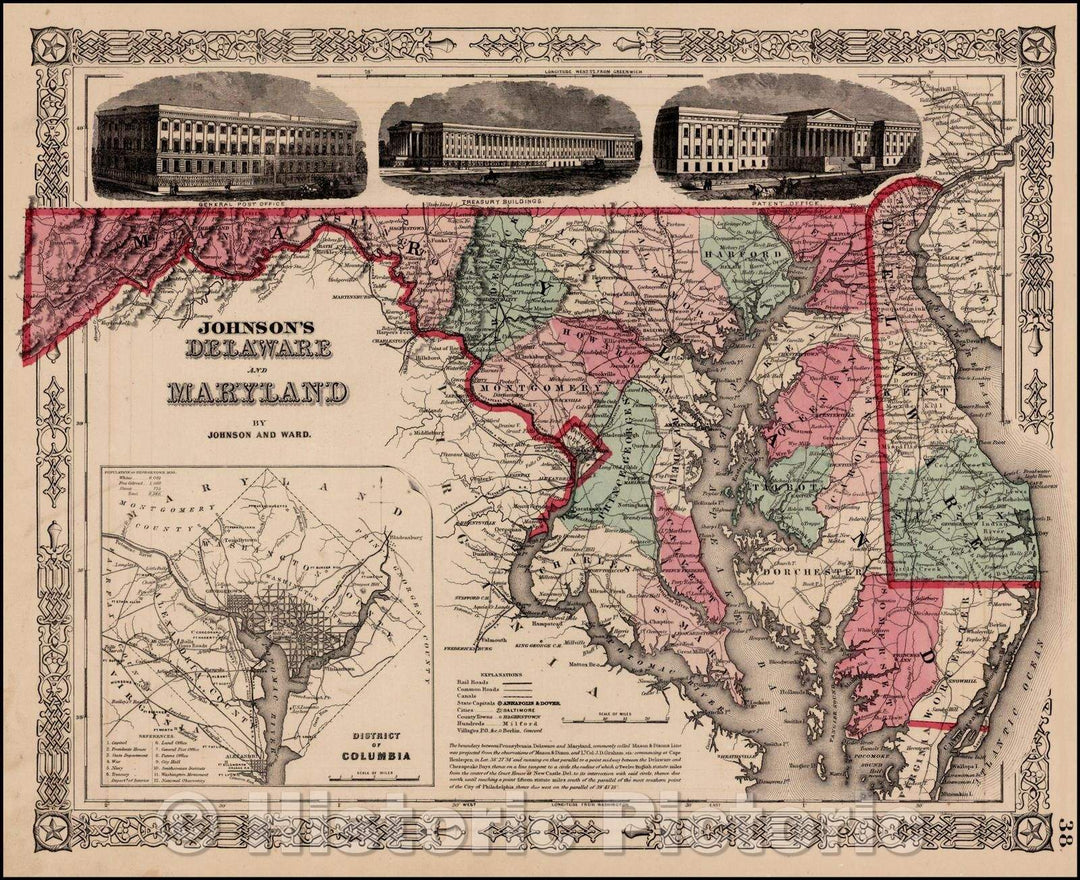 Historic Map - Johnson's Delaware and Maryland [Inset map of Washington DC], 1863, Benjamin Ward - Vintage Wall Art