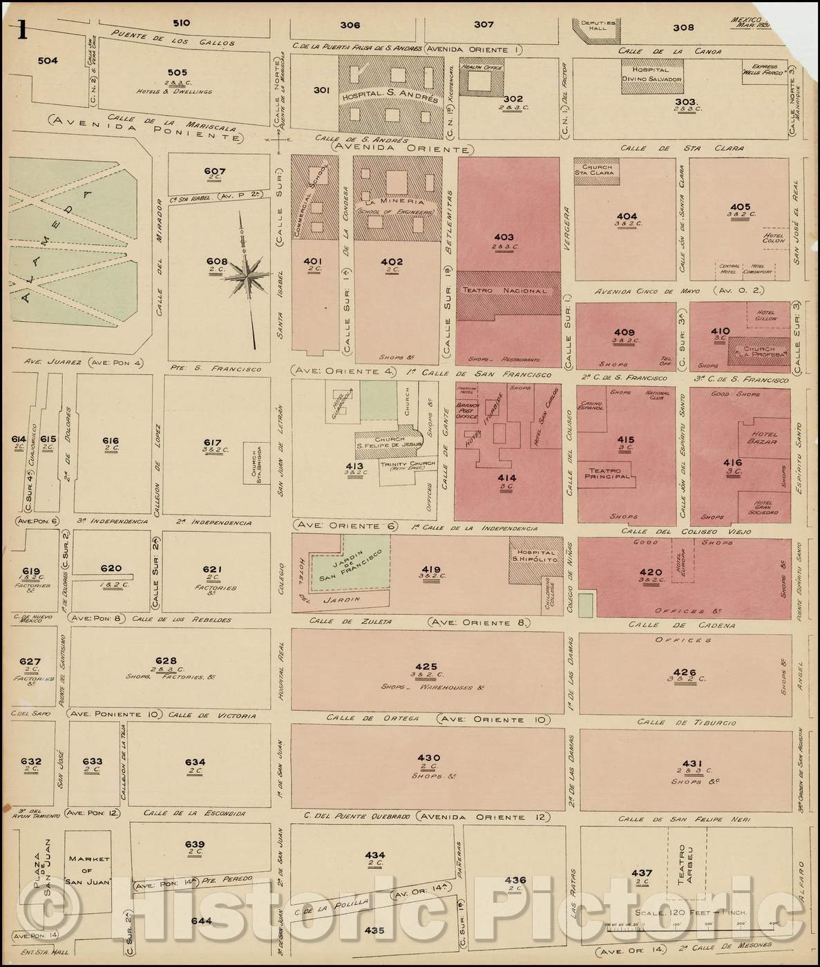 Historic Map - Mexico City March (Fire Insurance Map - includes Alameda, Church S. Felipe de Jesus and Jardin de San Francisco), 1897, Charles E. Goad - Vintage Wall Art