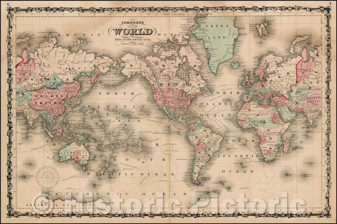 Historic Map - Johnson's Map of the World on Mercator's Projection, 1862, Benjamin Ward v1