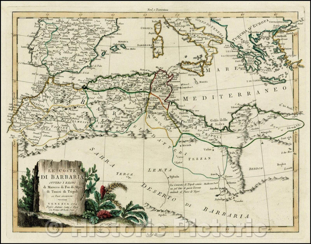 Historic Map - Le Coste Di Barbaria Ovvero I Regni di Marocco di Fez Di Algeri :: Mediterranean and North Africa, Gibraltar to Greece and Libya, 1784 - Vintage Wall Art