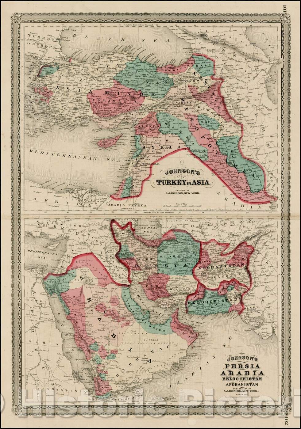 Historic Map - Johnson's Turkey in Asia [with] Johnson's Persia, Arabia, Beloochistan and Afghanistan (shows Cyprus), 1872, Alvin Jewett Johnson - Vintage Wall Art