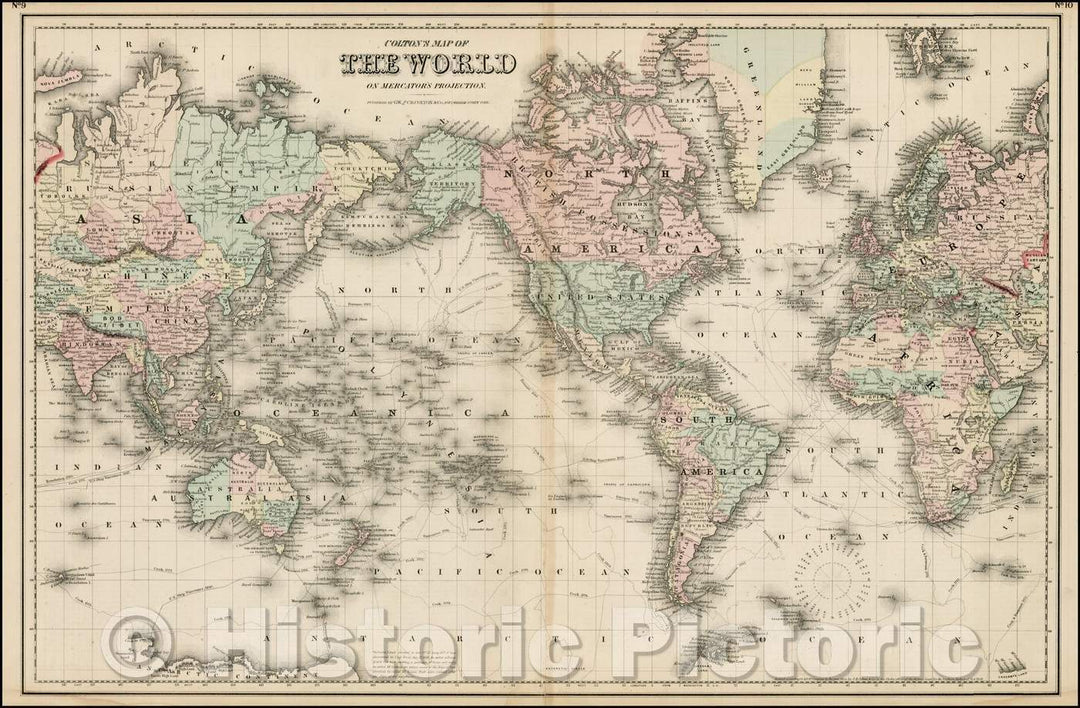 Historic Map - Colton's Map of the World on Mercator's Projection, 1864, G.W. & C.B. Colton - Vintage Wall Art