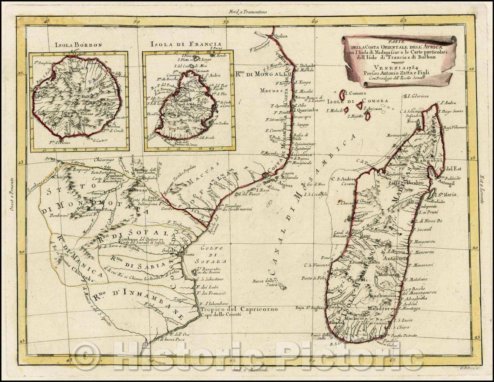 Historic Map - Parte Della Costa Orientale Dell' Africa con l'Isola di Madagscar e le Carte Particolari dell' Isole di Francia e di Borbon, 1784, Antonio Zatta v2