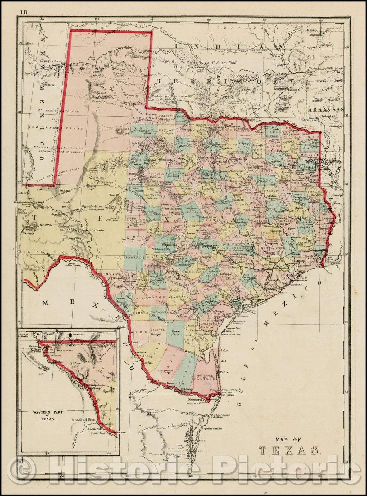 Historic Map - Map of Texas, 1873, J. David Williams - Vintage Wall Art