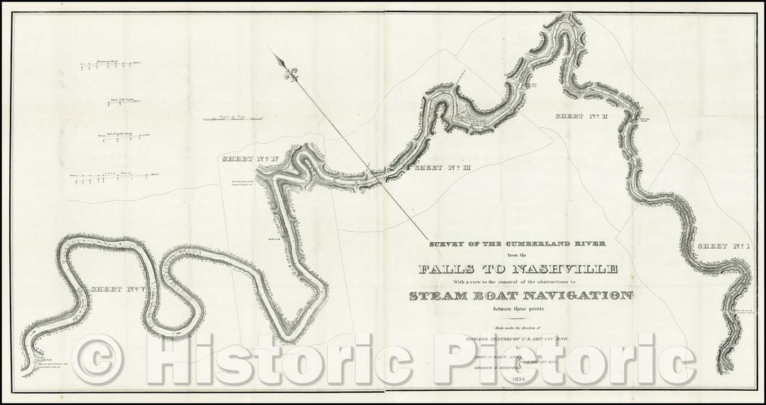 Historic Map - Survey of the Cumberland River from the Falls To Nashville, 1834, United States GPO - Vintage Wall Art