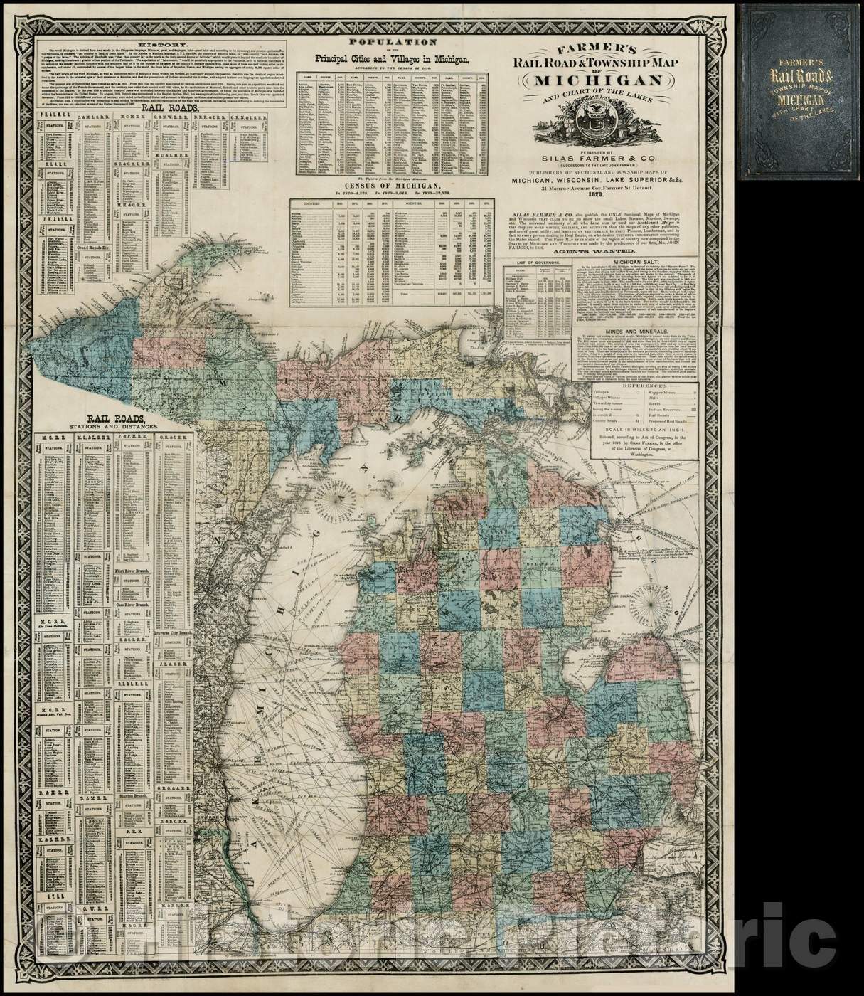 Historic Map - Farmer's Rail Road & Township Map of Michigan and Chart of the Lakes, 1873, Silas Farmer & Co. - Vintage Wall Art