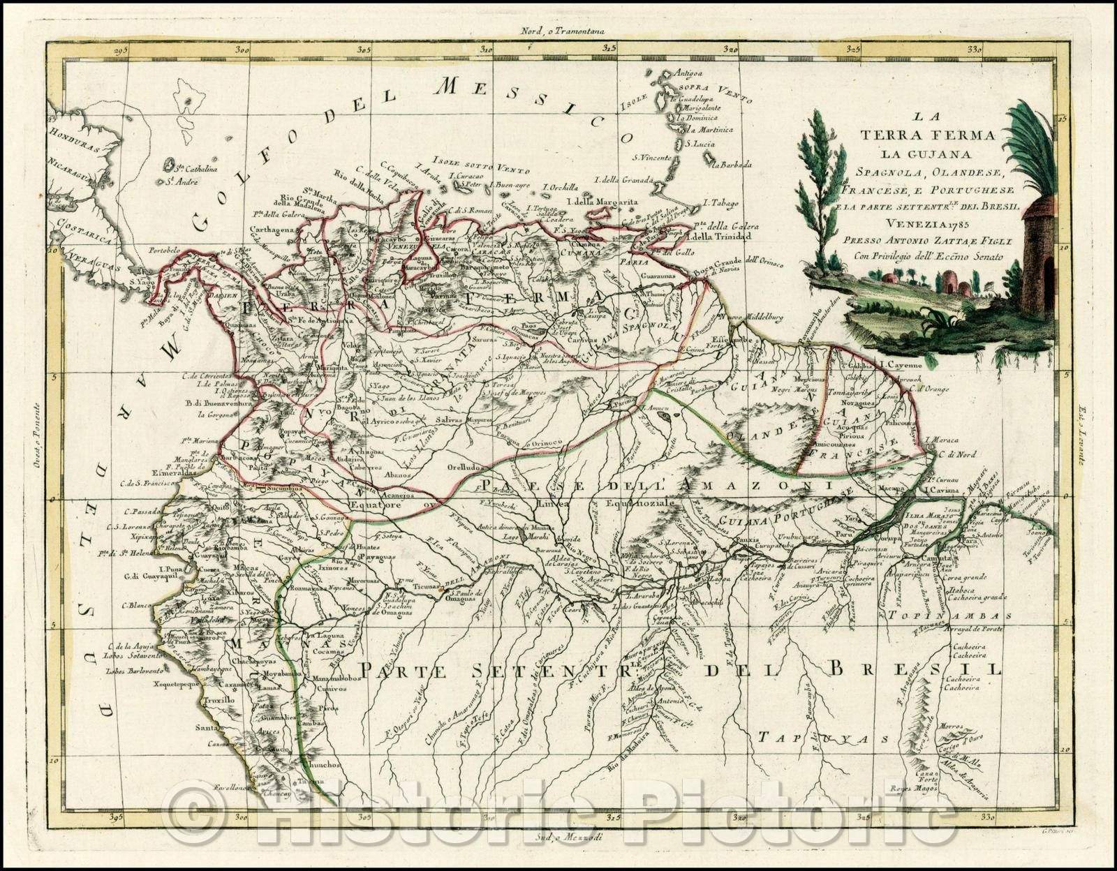 Historic Map - La Terra Ferma La Gujana Spagnola, Olandese, Frances, E. Portughese E La P :: Columbia, Venezula, Ecuador and a large portion of Northern Brazil, 1785 - Vintage Wall Art