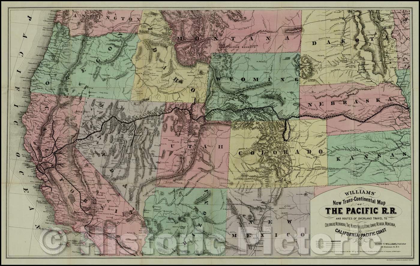 Historic Map - Williams New Trans-Continental of The Pacific R.R. and Routes of Overland Travel To Colorado, Nebraska, The Black Hills, Utah, Idaho, Nevada, 1877 - Vintage Wall Art