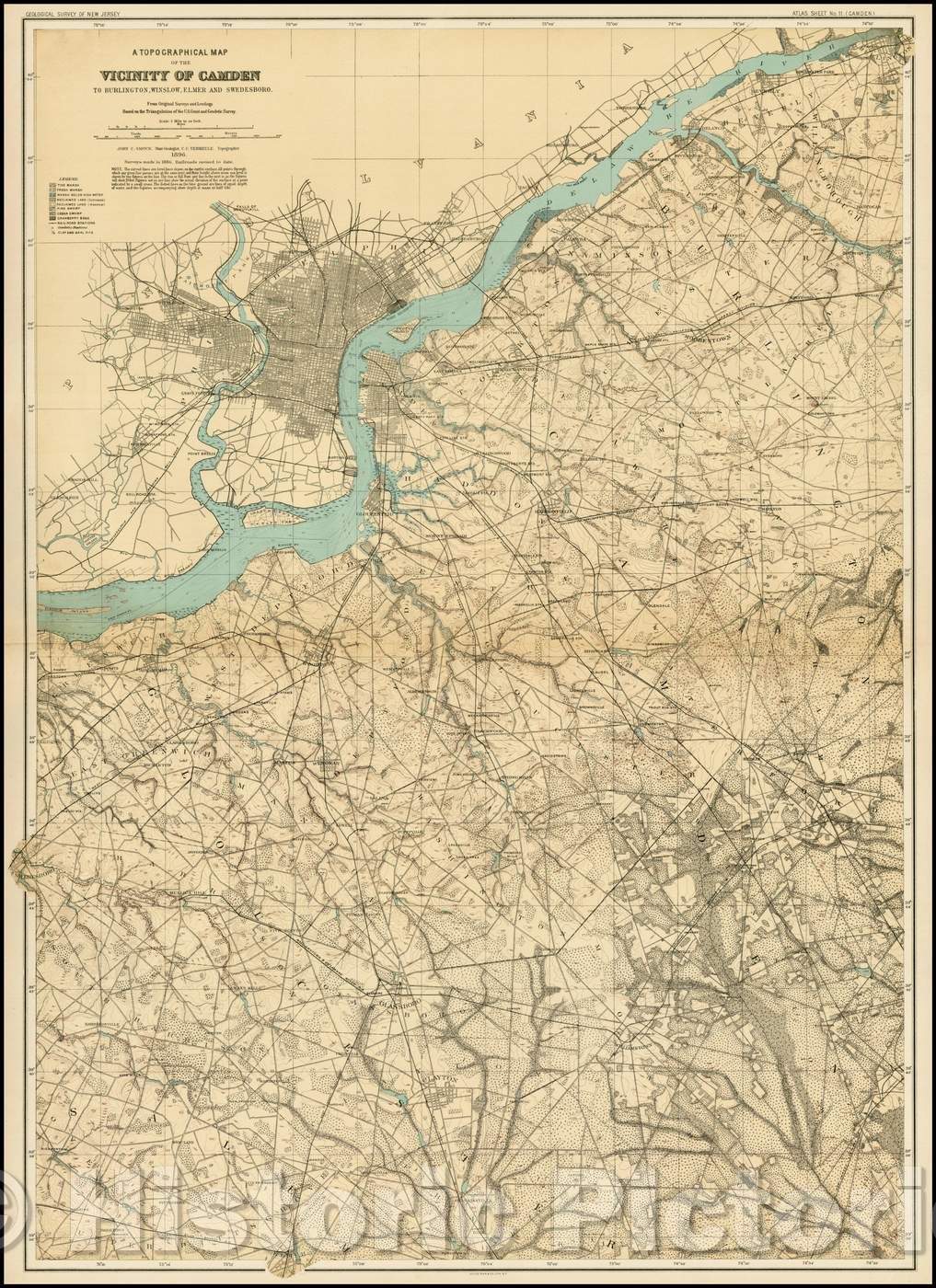 Historic Map - A Topographical Map of the Vicinity of Camden to Burlington, Winslow, Elmer and Swedeboro, 1896, Geological Survey of New Jersey - Vintage Wall Art