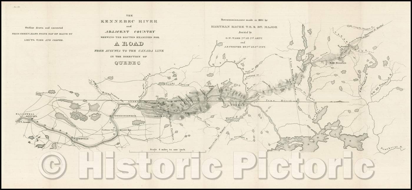 Historic Map - The Kennebec River and Adjacent Country Shewing the Routes Examined For A Road From Augusta to the Canada Line in The Direction of Quebec, 1835 - Vintage Wall Art