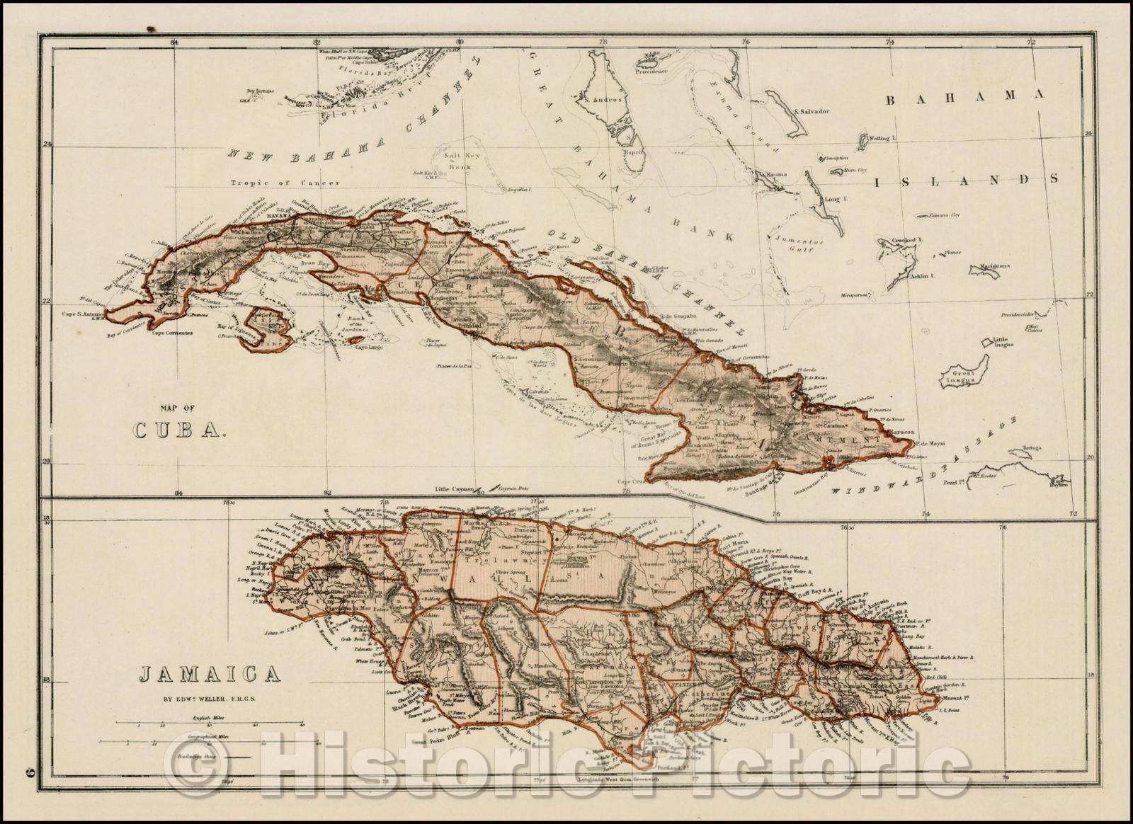 Historic Map - Map of Cuba [with] Jamaica, 1873, J. David Williams - Vintage Wall Art