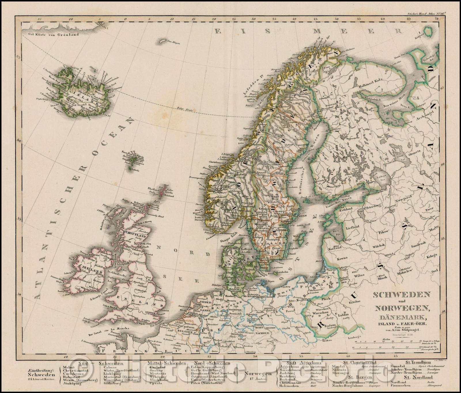 Historic Map - Schweden und Norwegen, Danemark, Island u Faer-Oer/Map of the North Atlantic, centered on Scandinavia, 1859, Adolf Stieler - Vintage Wall Art