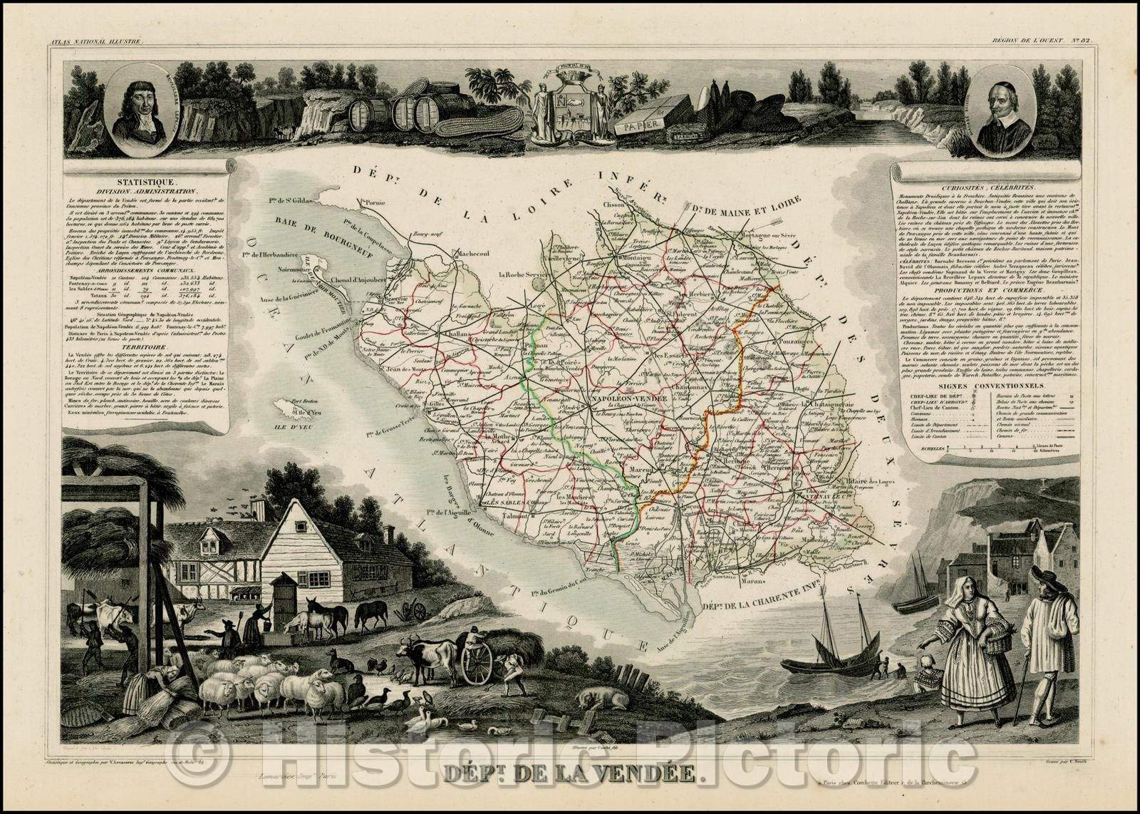 Historic Map - Dept. De la Vendee/Map of Eastern Asia, Japan and Southeast Asia to Usbekistan and India, 1848, Victor Levasseur - Vintage Wall Art