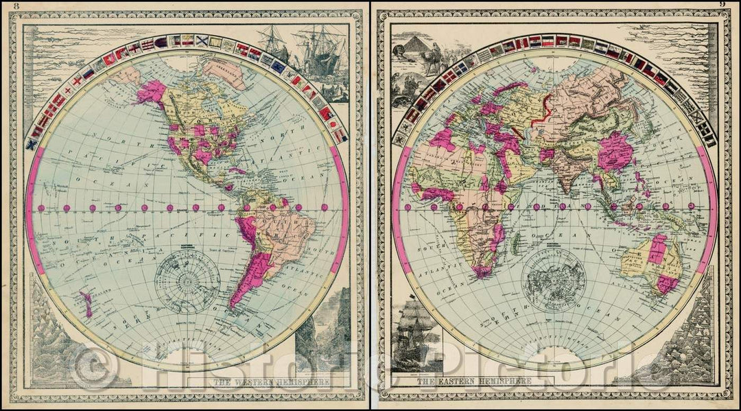 Historic Map - The Western Hemisphere (and) The Eastern Hemisphere, 1885, H.C. Tunison - Vintage Wall Art