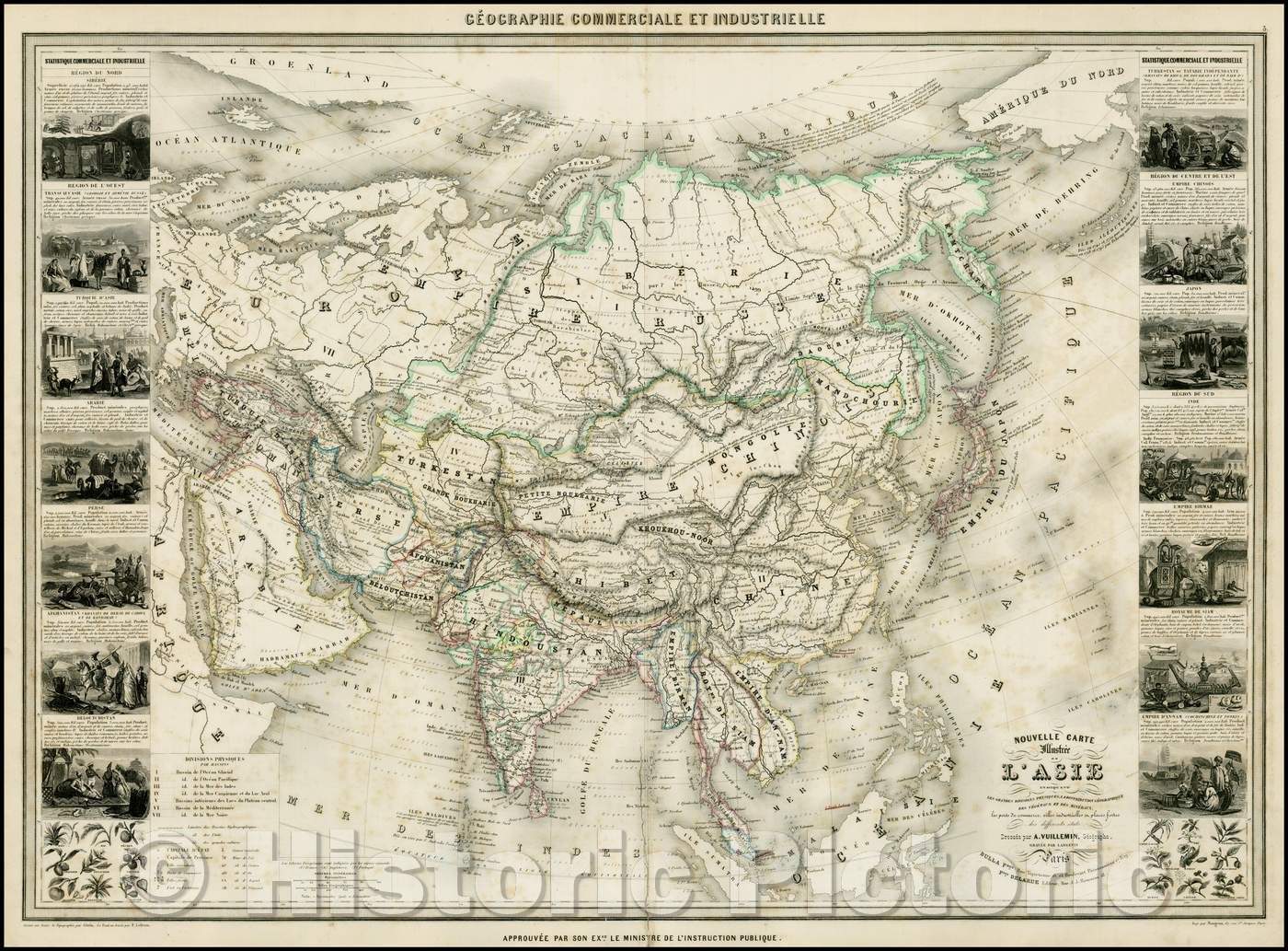 Historic Map - Nouvelle Carte Illustree de L'Asie/Map of Asia, including 16 side panel vignettes showing indigenous scenes, 1860, Alexandre Vuillemin - Vintage Wall Art